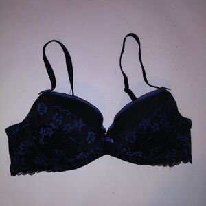 Adore Me Bra 36C Push Up Black Blue Floral Lace Underwire